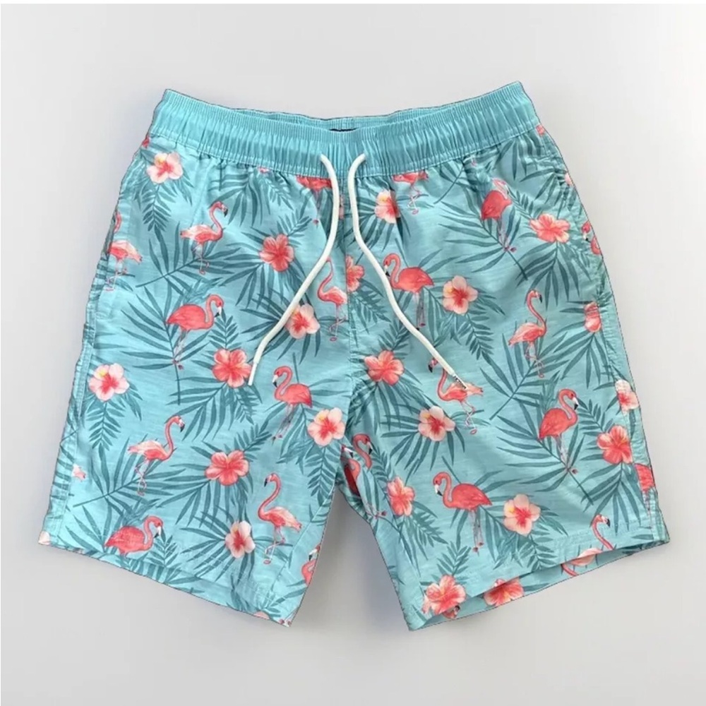 Valor Collective All Over Flamingo And Floral Hybrid Swim Trunks Size Small Blue